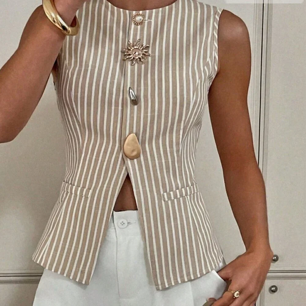 Multicolor Casual Women's Striped Front Button Tank Top